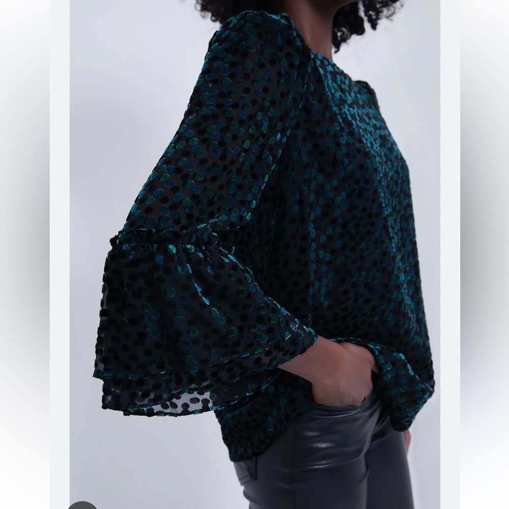 NWT Tuckernuck Black Flock Dot Velvet Luciela Blouse.